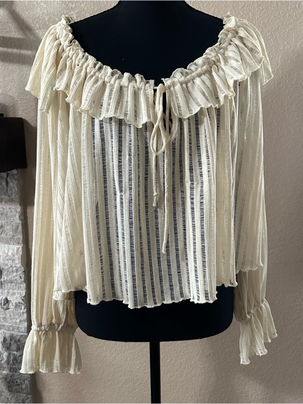 Anthropologie cream textured stripe sheer women’s S blouse oversized shirt